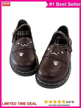 Kawaii Lolita Mary Jane Flats Cat Paw Faux Leather Low Heel Shoes